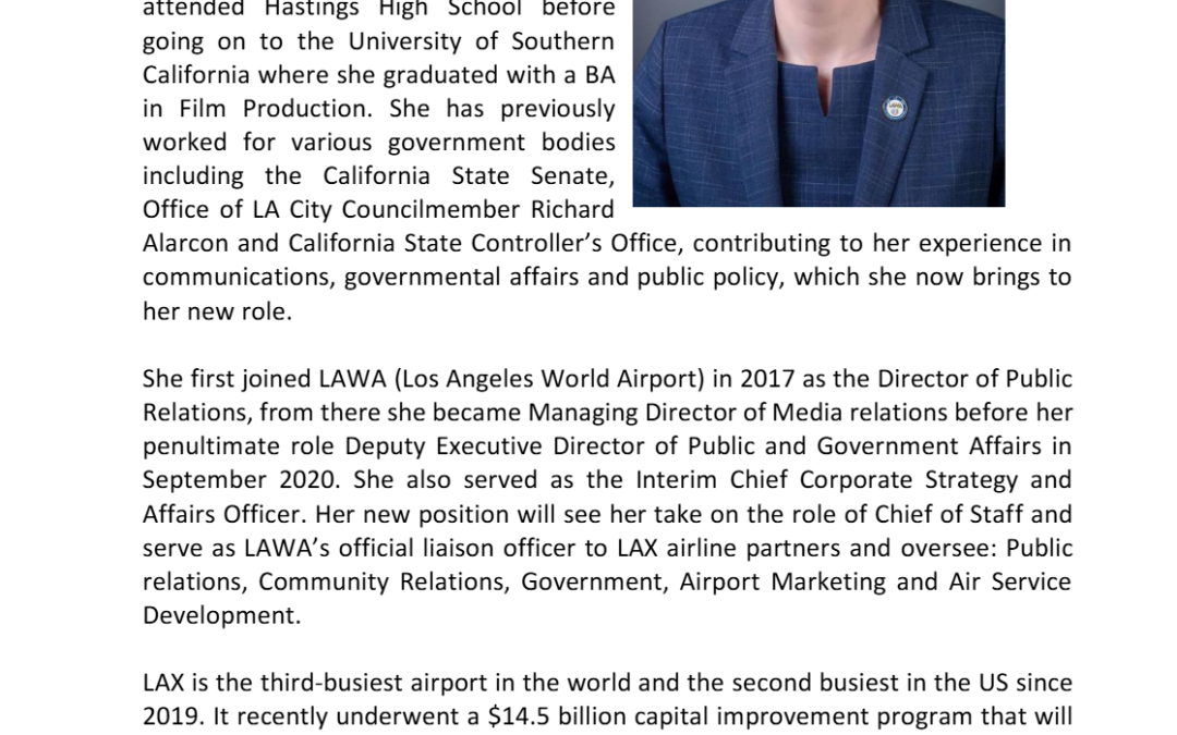 2013 Gabr Fellow Becca Doten Promoted to Chief Airport Affairs Officer for Los Angeles International Airport