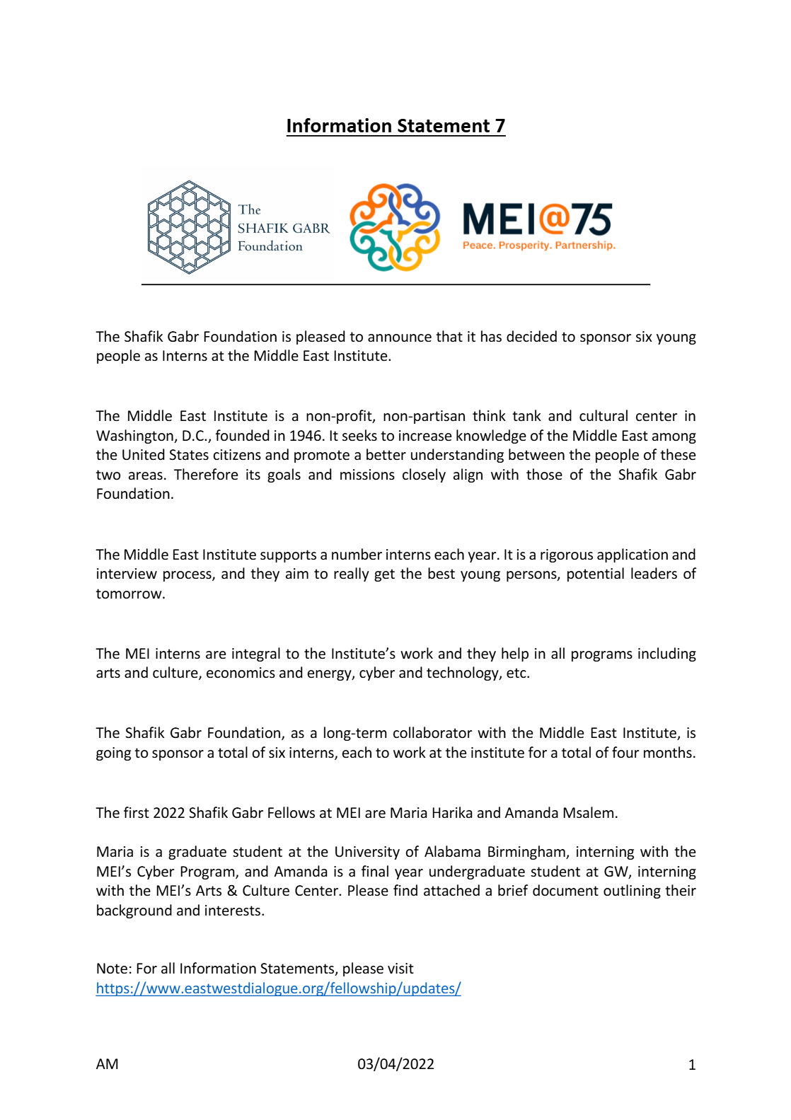 Shafik Gabr Foundation Will Sponsor Six Young People as Interns at the Middle East Institute