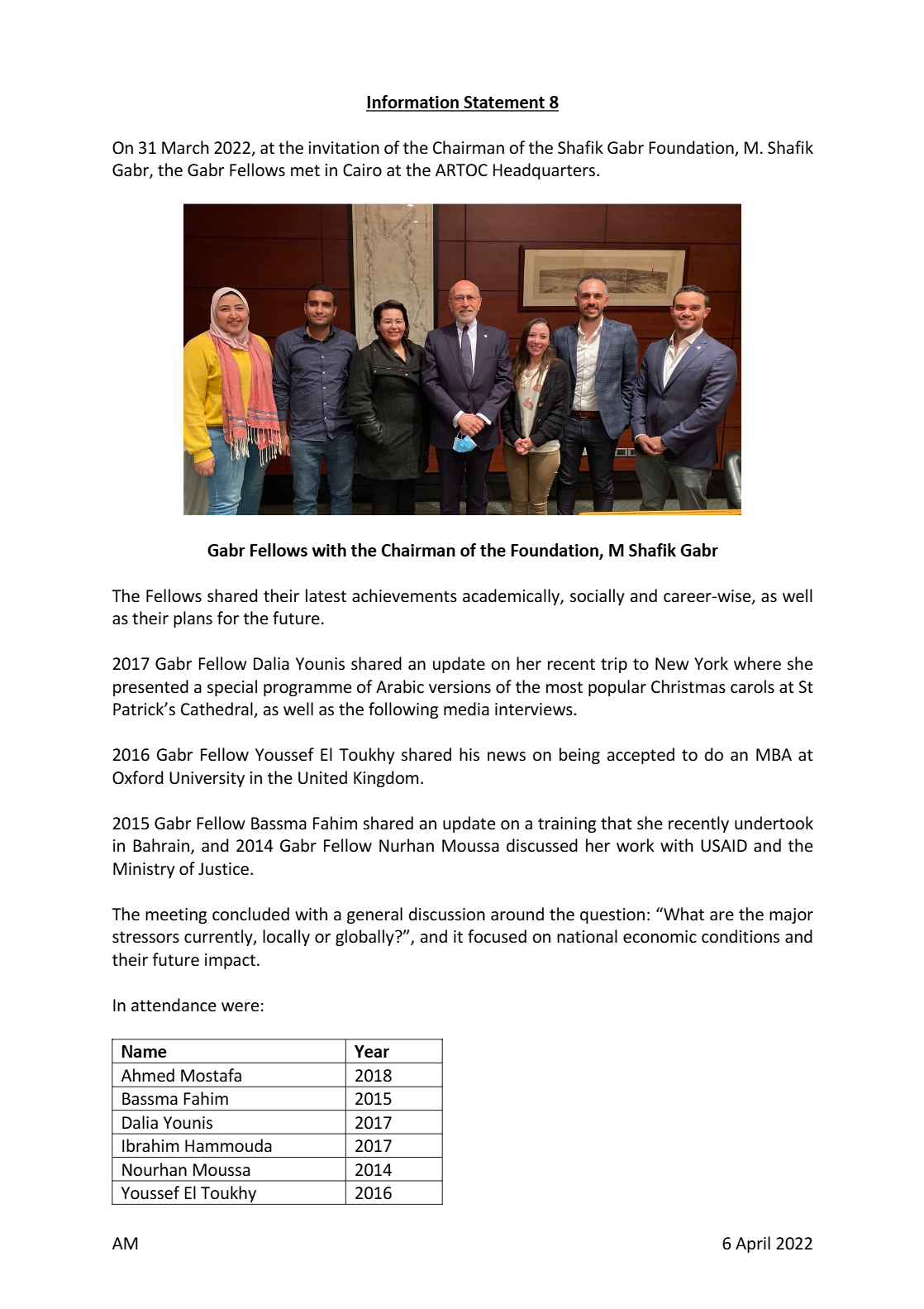 Gabr Fellows Meet in Cairo at the ARTOC Headquarters