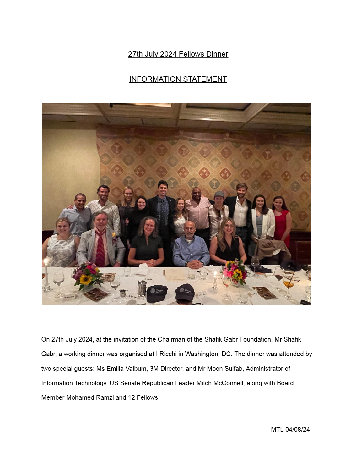 Information Statement 27th July 2024 Fellows Dinner